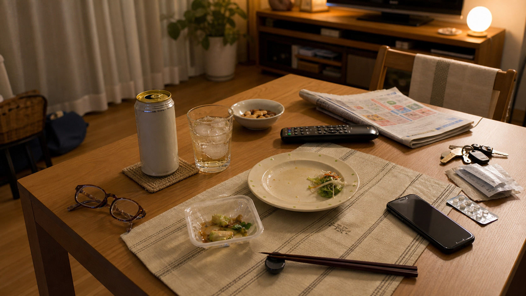 生活感のある夜のダイニングテーブル