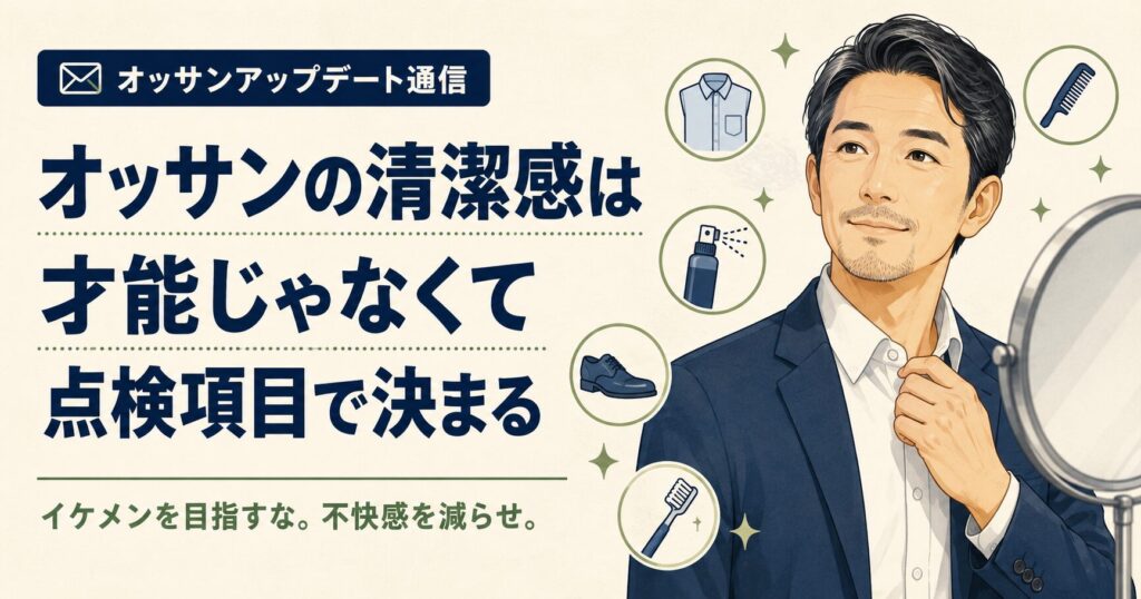 オッサンの清潔感は才能ではなく点検項目で決まる、という記事のサムネイル画像。鏡を見る中年男性と、髪型・服装・匂い・靴・歯など身だしなみを表すアイコンを配置。