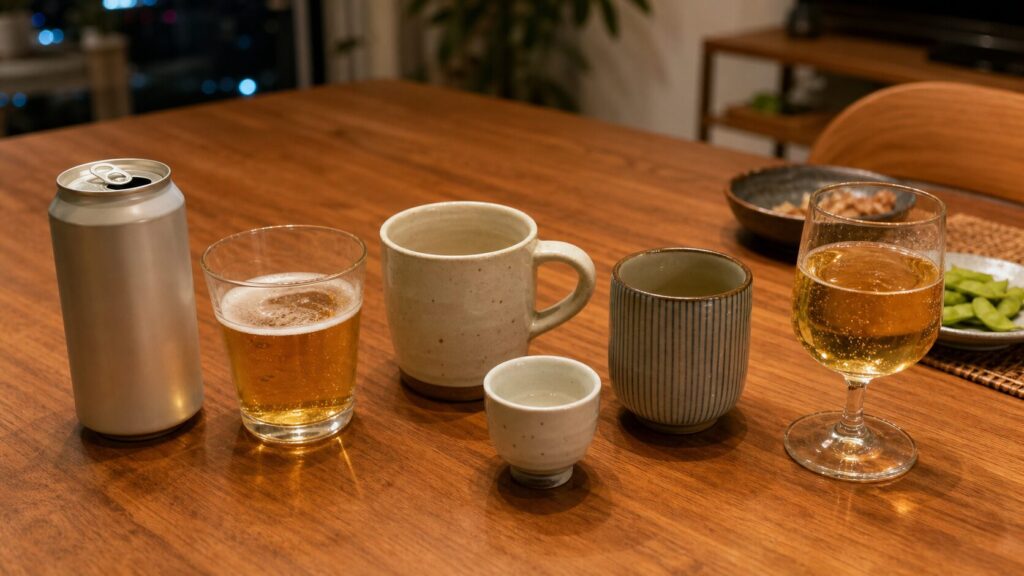 缶ビールと複数の酒器を並べた家飲みの比較写真