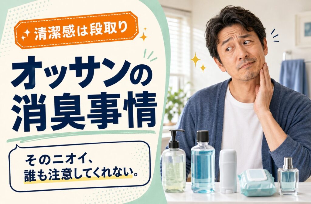 消臭アイテムを前に、首元のニオイを気にする40代男性のサムネイル画像