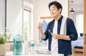 洗面台で歯ブラシとマウスウォッシュを持つ40代男性