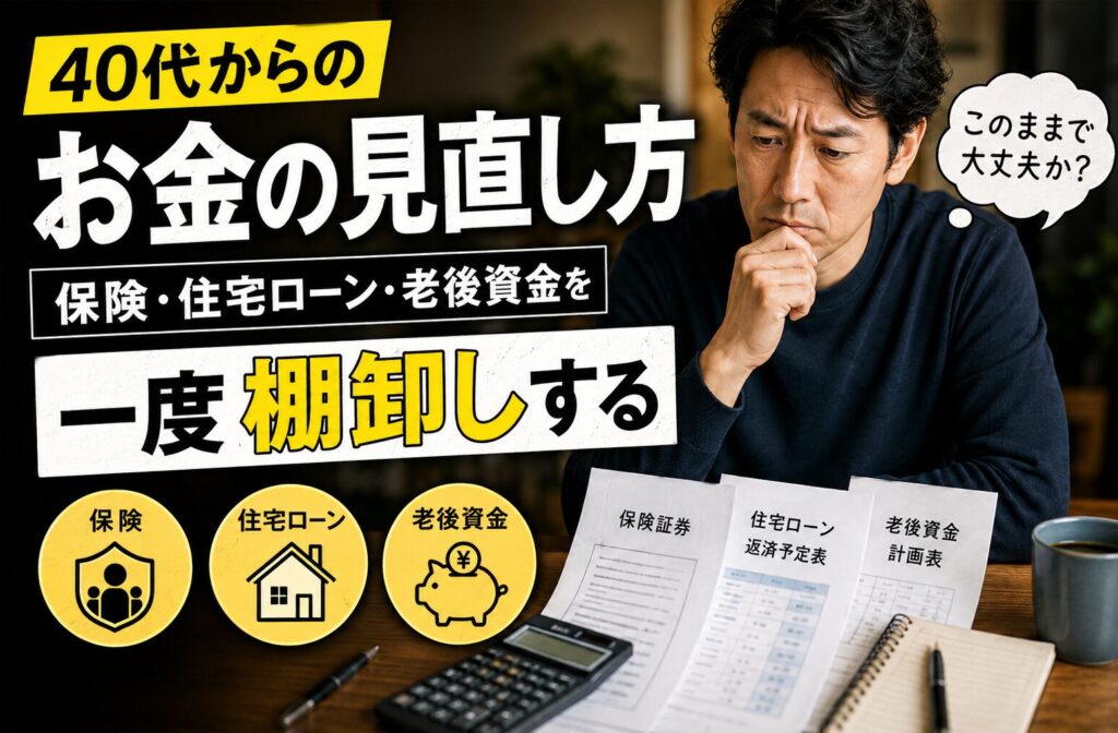 保険証券や住宅ローン返済予定表、老後資金計画表を前に、40代からのお金の見直しを考える男性