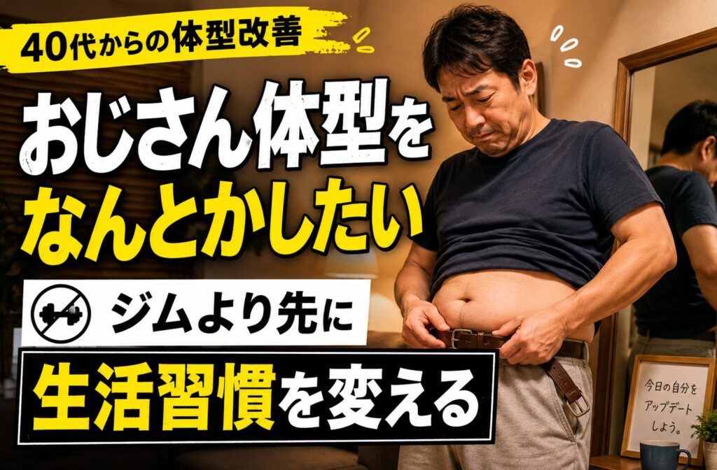 鏡の前でお腹まわりを気にしながら、40代からの体型改善を考える男性
