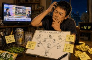 深夜0時12分、晩酌しながら阪神タイガース歴代BEST9の候補をノートに書き出して悩む中年男性のイラスト