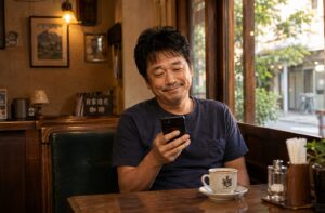 昔ながらの喫茶店でコーヒーを前にスマートフォンを見ながら穏やかに過ごす中年男性。