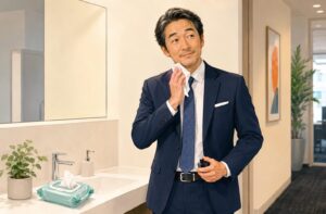 オフィスの洗面スペースでボディーシートを使う40代男性