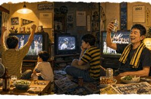 1985年に父親と阪神の優勝を喜ぶ少年、90年代の低迷期を耐える青年、2003年の優勝を酒で祝う大人の阪神ファンを描いたイラスト