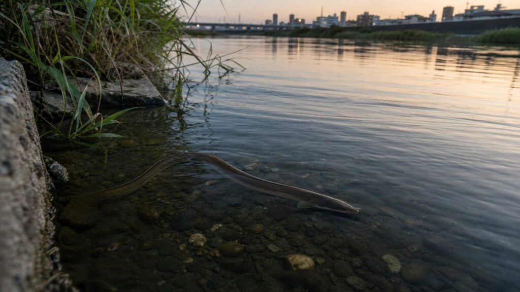 夏の夕暮れ、街中を流れる浅い川の岸際を泳ぐニホンウナギ
