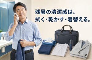 残暑の仕事中に汗を拭く40代・50代男性と、タオル、汗拭きシート、替えのインナー、制汗スプレー、軽量ジャケット