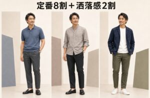 ニットポロ、バンドカラーシャツ、軽量ジャケットを使った40代・50代男性の残暑ビジネスカジュアル3コーデ
