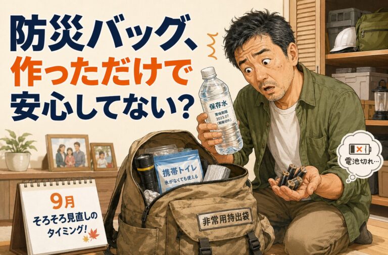 家族で非常食や水、ライト、モバイルバッテリーを点検する様子