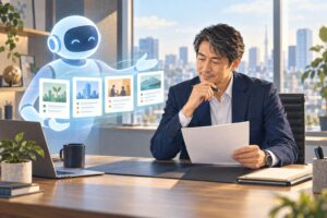 メールや議事録、表計算、資料作成をAIで効率化する中年男性