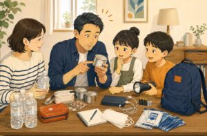 家族で非常食や水、ライト、モバイルバッテリーを点検する様子