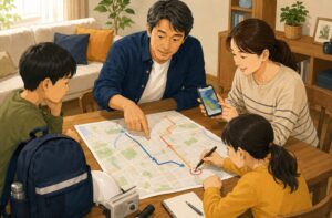 ハザードマップを広げ、家族で避難経路と集合場所を確認する様子