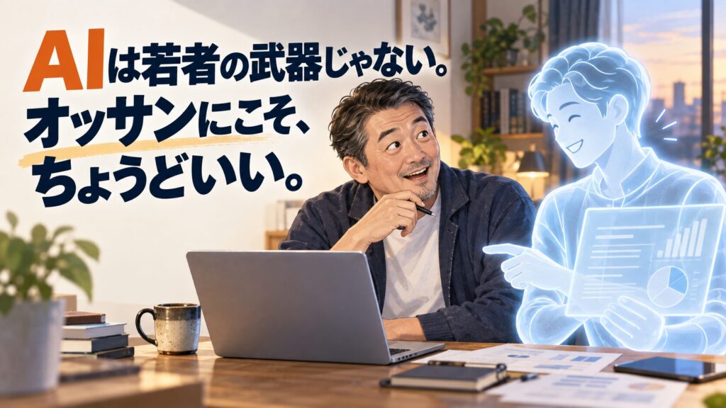 AIアシスタントと一緒にパソコンで仕事をする中年男性
