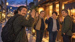 夕暮れの居酒屋の前で、中年男性４人が笑顔で手を振り、別れを惜しむイラスト。