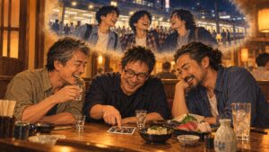 居酒屋で昔の写真を見ながら笑う中年男性３人と、背景に重なる若い頃の思い出。