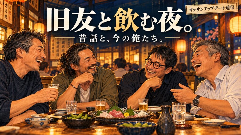 温かな居酒屋で、久しぶりに集まった中年男性４人が笑い合うイラスト。